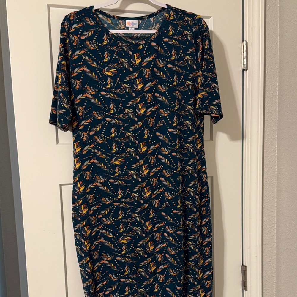 LuLaRoe Teal and Orange Leaf Print Midi Dress